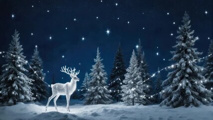 A glowing white reindeer stands in a snow-covered forest under a starry night sky - Powered by Adobe