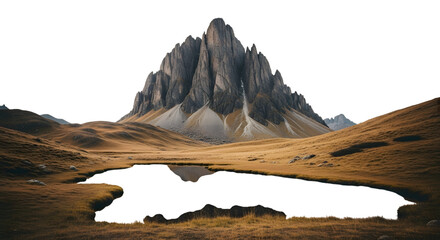 Dramatic mountain peak reflection in a dark pond at dusk