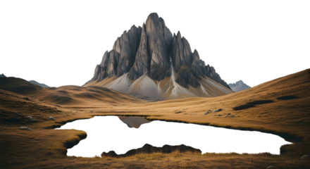 Dramatic mountain peak reflection in a dark pond at dusk