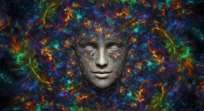 Surreal portrait of a serene human face emerging from vibrant, abstract, cosmic energy swirls and nebulae