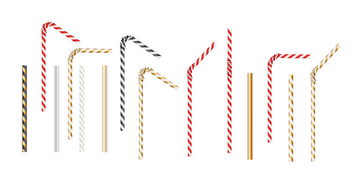 Realistic paper straw mock up template on isolated white background. Flexible bar liquid sucking accessories. Tubes for juice or soda. Vector