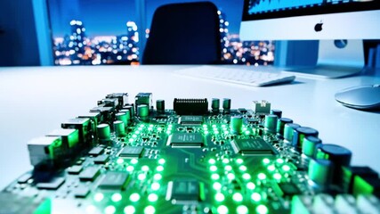 Illuminated circuit board on a desk with a screen showing data graphs and city view - Powered by Adobe