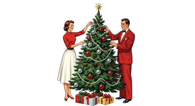Couple decorating christmas tree isolated on transparent background