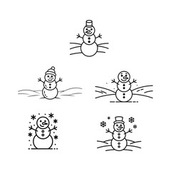 Hand drawn illustration with black lines, isolated on white background. Snowman Sketches.