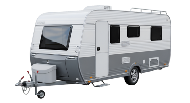 White and Grey Travel Trailer Caravan Isolated on White Background