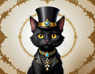 Elegant cartoon black cat dressed in an elaborate outfit and bright yellow eyes. Ai