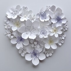 A heart shape composed of paper-crafted white flowers with subtle yellow/purple accents
