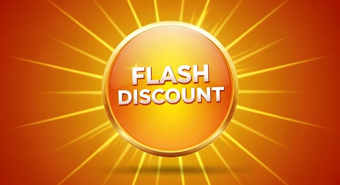 Shiny orange circular button graphic for flash discount promotion against vibrant radiating sunburst background