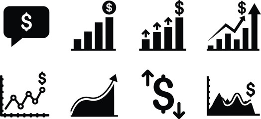 Set of black and white financial growth icons