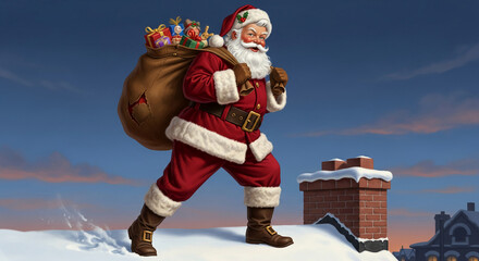 Illustration of Santa Claus with gifts bag, on rooftop with snow, against blue sky, showing Christmas holiday theme, bringing presents and cheer
