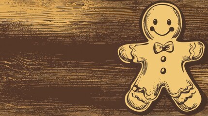 Hand-Drawn Gingerbread Cookie on Wooden Background for Holidays