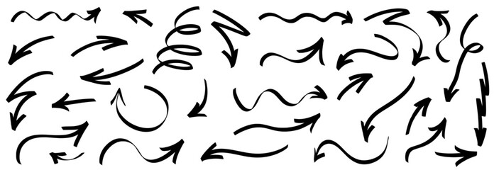 Hand-drawn arrow set with bold marker strokes and soft highlight accents. Dynamic line details and playful arrow shapes perfect for modern marker-style artwork with extra highlight and line energy.