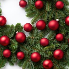 Obraz premium A beautiful arrangement of evergreen branches is decorated with red and white ornaments, creating a joyful holiday atmosphere SEAMLESS PATTERN