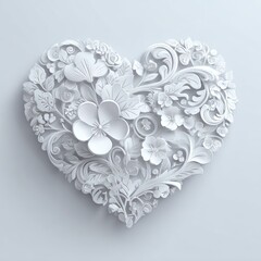 Heart-shaped floral design, meticulously crafted from white paper, intricate details