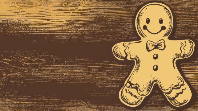 Hand-Drawn Gingerbread Cookie on Wooden Background for Holidays