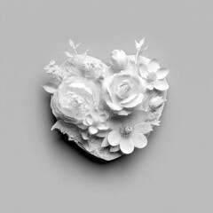 A grayscale image of a heart-shaped sculpture adorned with detailed, delicate white flowers