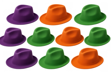 Colorful fedora hats in purple, green, and orange multiple patterns forming a row with a transparent background