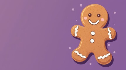 Cute Gingerbread Man Character with Cheerful Expression on Purple Background