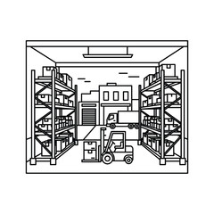 Warehouse interior with shelves, boxes, forklift, and delivery truck, depicting logistics and storage