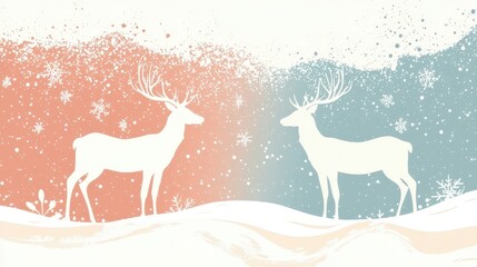 Silhouette of Two Deer on Snowy Landscape with Winter Background