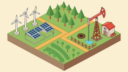 Renewable and Nonrenewable Energy Resources Isometric Vector – Green Power Sources, Solar and Wind Electricity, Fossil Fuels, and Natural Earth Resource Illustration