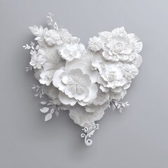 White paper flowers form a heart shape against a gray backdrop, 3D effect