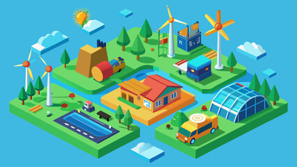 Renewable and Nonrenewable Energy Resources Isometric Vector &ndash; Green Power Sources, Solar and Wind Electricity, Fossil Fuels, and Natural Earth Resource Illustration
