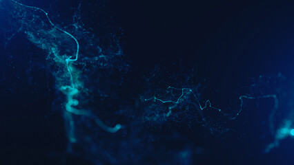 3d Distorted Light Strings In Fluid Background/
Illustration of an abstract 3d glowing light filament slowly snaking on a distorted path with ambient occlusion and depth of field