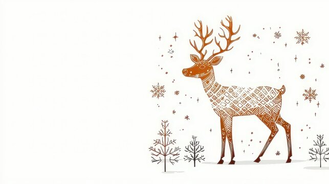 Decorative Reindeer in Artistic Style with Snowflakes and Trees