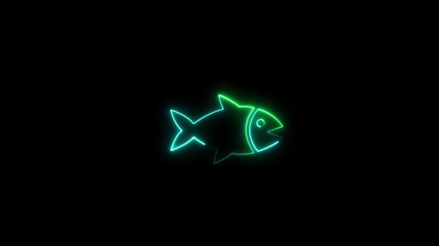 Glowing blue neon fish icon outline isolated on black background futuristic digital symbol vibrant light . 4k video