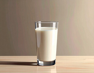 A clear glass filled nearly to the top with fresh milk on a light wooden table in sunlight. Ai