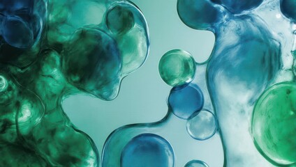 Abstract Macro Shot of Blue and Green Liquid Bubbles and Swirls.