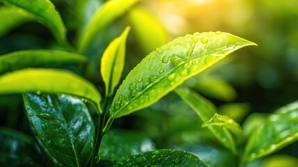 Close-up of vibrant green tea leaves glistening with water droplets in natural light.