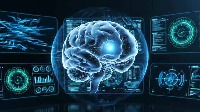 Futuristic digital brain interface with dynamic data visualization in motion