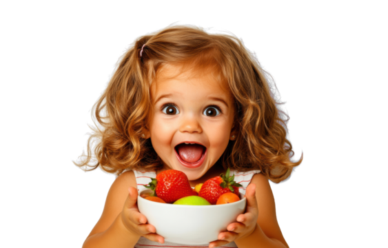 Happy girl holding fruit bowl on Transparent Background