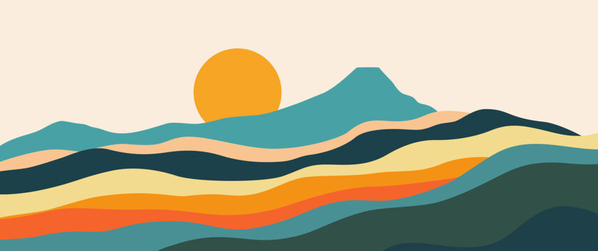 Abstract mountain landscape with layered hills, vibrant sunrise scene, minimalist nature background for wall art and design