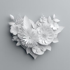 3D paper-crafted floral heart arrangement, all white, against gray backdrop