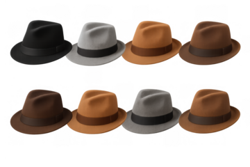 Collection of classic fedora hats in various colors, representing retro fashion and stylish headwear accessories