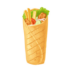 Shawarma with french fry stick potato. Vector realistic color illustration for menu, poster, web. Isolated on white background