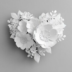 A heart-shaped arrangement of white paper flowers, leaves, & petals on a gray background