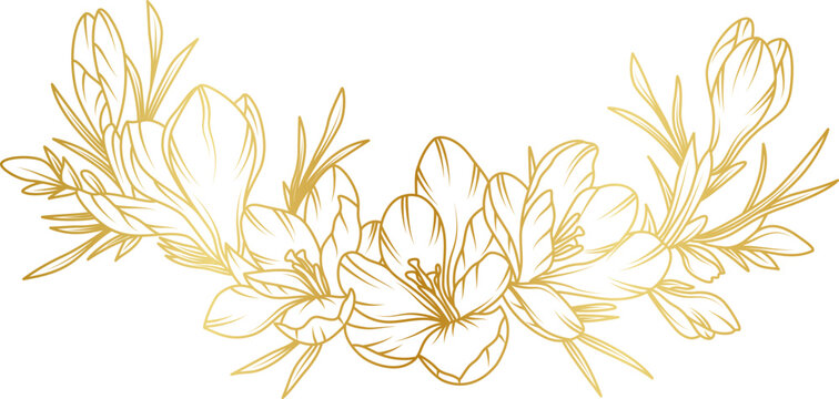 Golden crocus flowers line art isolated on white background. Luxury crocus floral design elements for invitation, wedding, wallpaper, print template, vector illustration