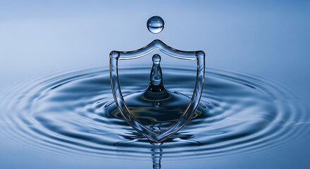 Water drop forming shield shape with ripples on blue surface