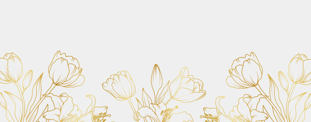 Luxury gold lily and tulip flowers background. Floral pattern tropical in line art style for greeting, invitation, wedding card, wall art, wallpaper and print. Vector illustration