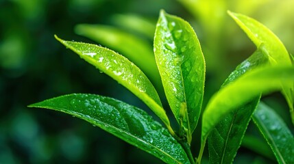 Close-up of vibrant green leaves glistening with water droplets, showcasing nature's freshness.