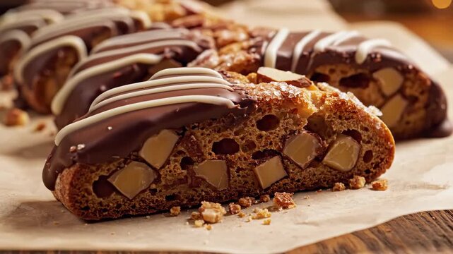 Gourmet Chocolate-Drizzled Biscotti with Nuts in a Cinematic Macro Reveal