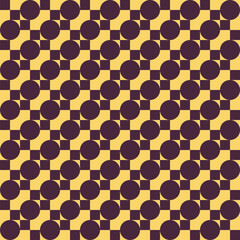Pattern created from maroon squares and circles on a yellow background
