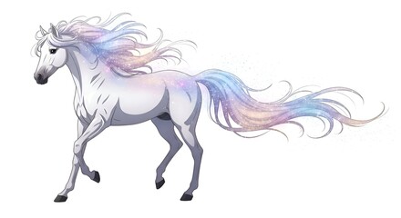 Elegant White Horse with Rainbow Mane and Tail.