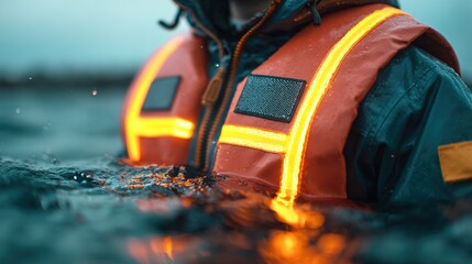 A close-up of a person in a life jacket, illuminated by reflective stripes in water, conveying safety and resilience.