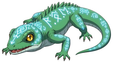Enchanted Green Lizard with Runes Illustration.