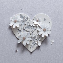 Delicate paper-cut heart with white flowers, set against a subtle, textured backdrop